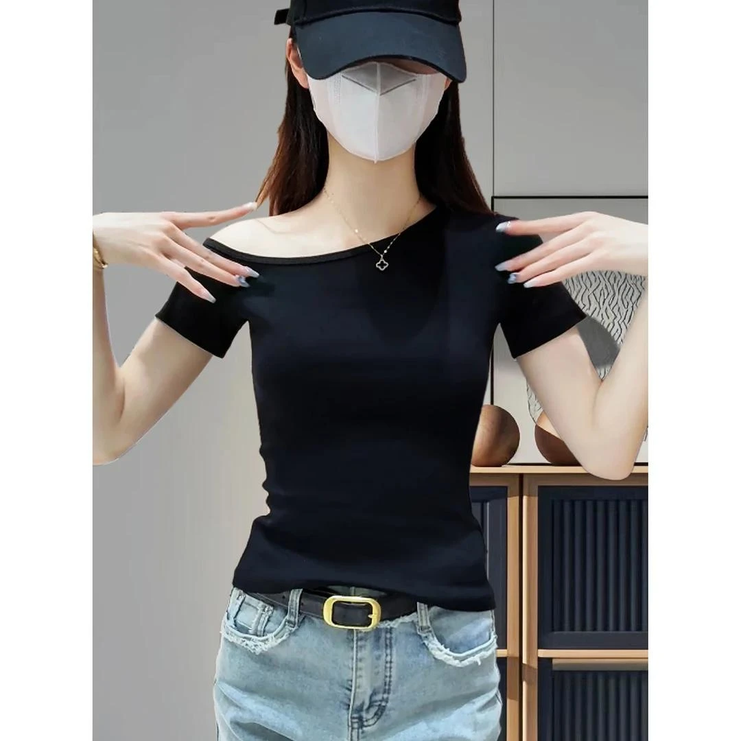 黑色斜肩上衣短袖t恤女2025新款夏季性格辣妹露肩设计感收腰体恤