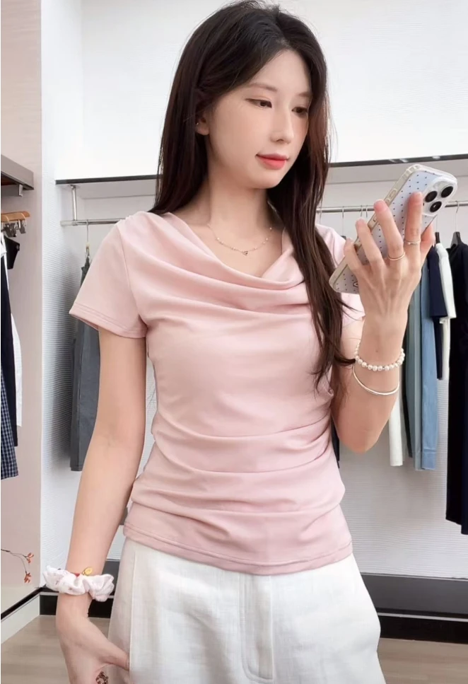 【阿凯自制】 8303  荡领百搭简约短袖T恤上衣  (衣长56）