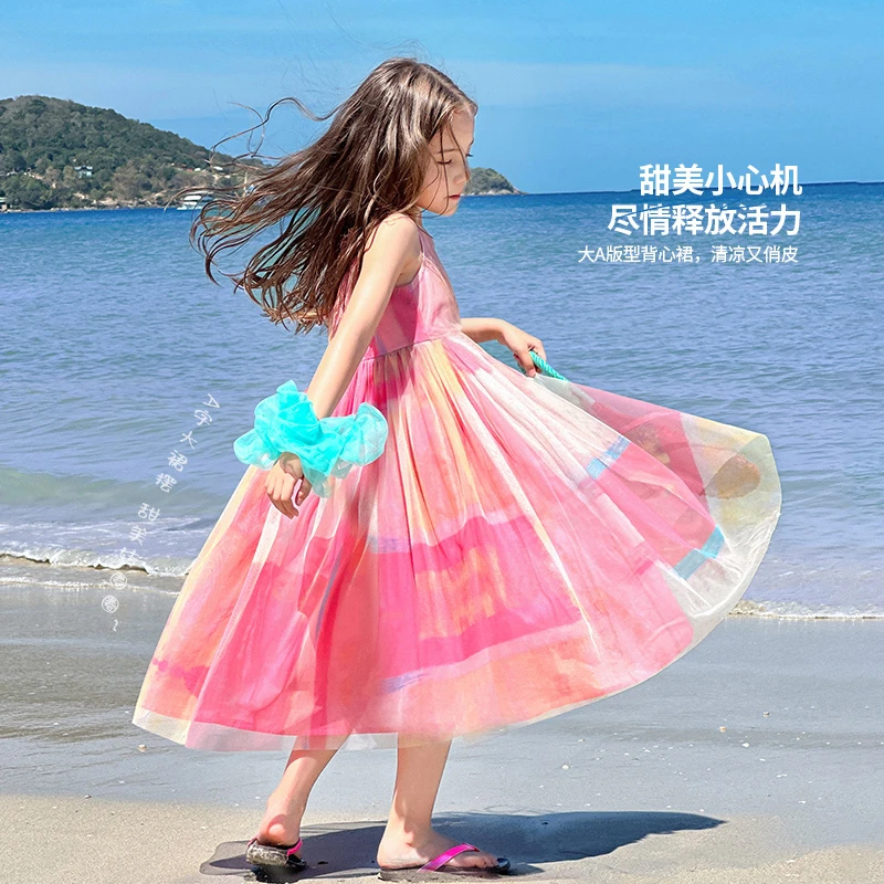 图图小象女童连衣裙夏季新款公主裙海边无袖沙滩裙儿童长GBXQ323