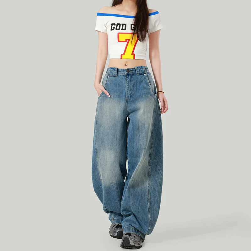 2025秋季&竹节解构宽松弯刀牛仔裤女美式复古水洗阔腿新款休闲长