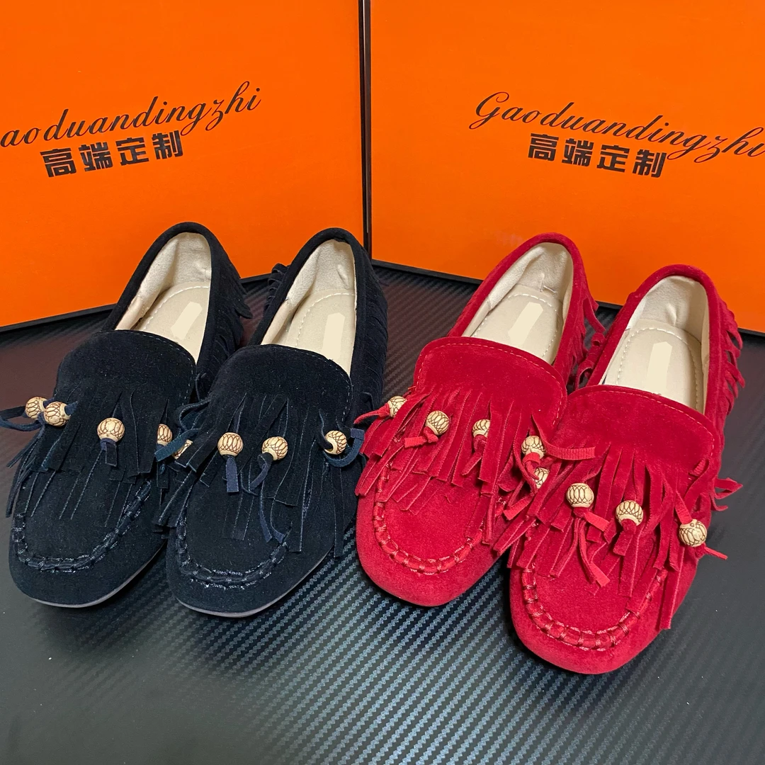 2025年春季磨砂流苏平底软皮一脚蹬休闲乐福鞋