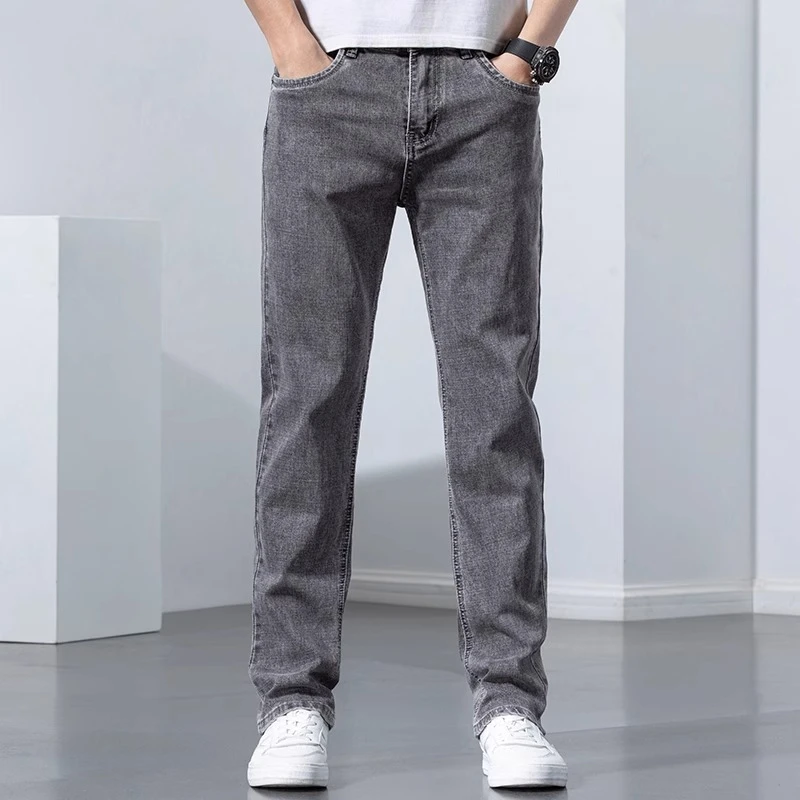 Leekody香港春季新款牛仔裤男弹力直筒宽松复古灰色高端休闲长裤