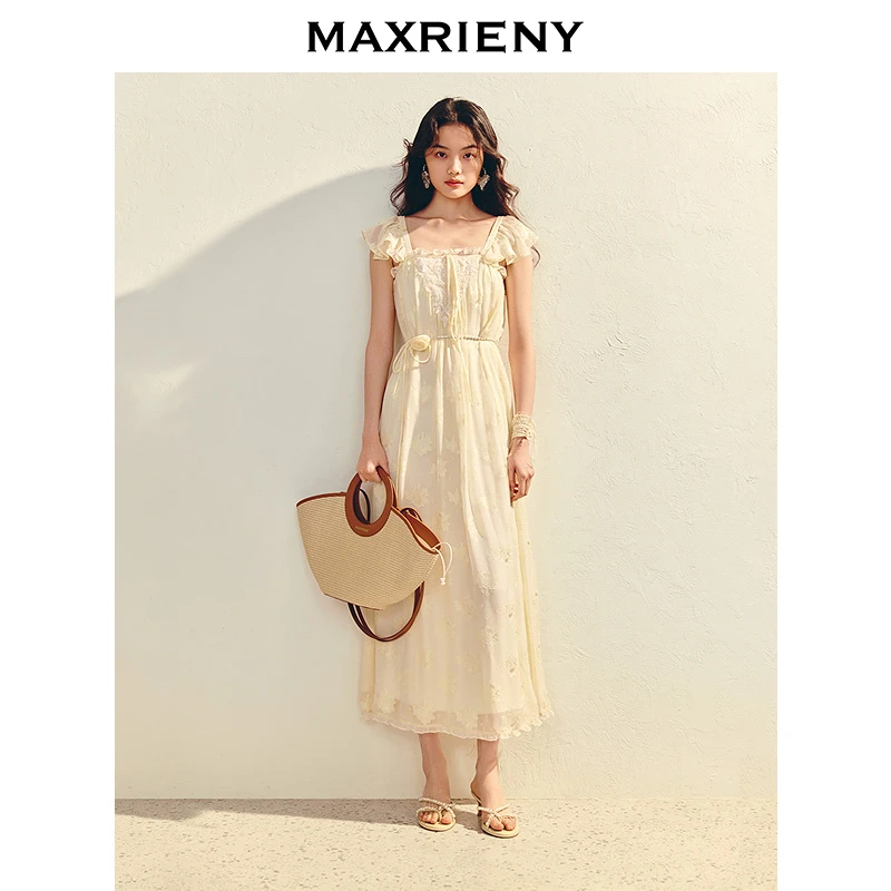 MAXRIENY优雅度假风连衣裙25夏款奶油色收腰长裙仙气甜美茶