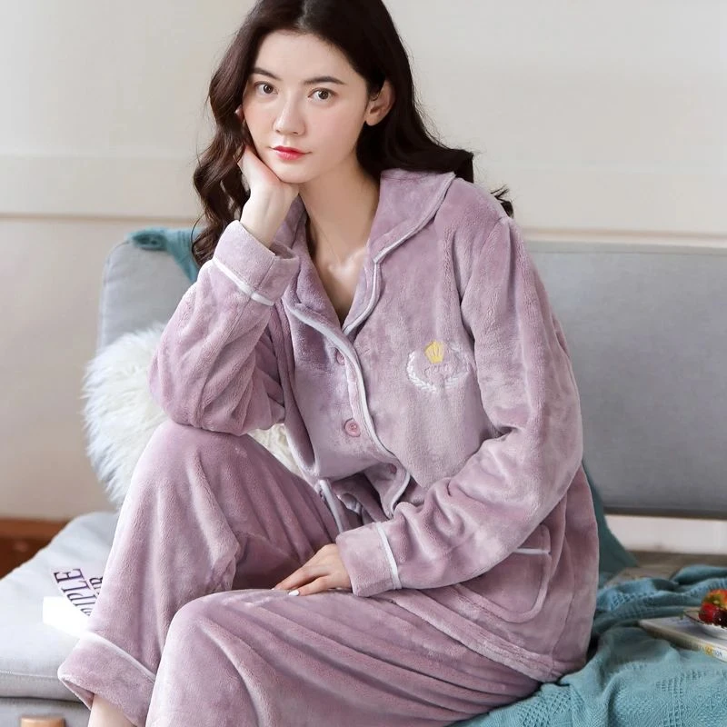 秋冬季新款珊瑚绒睡衣女套装加厚加绒长袖保暖法兰绒家居服套装