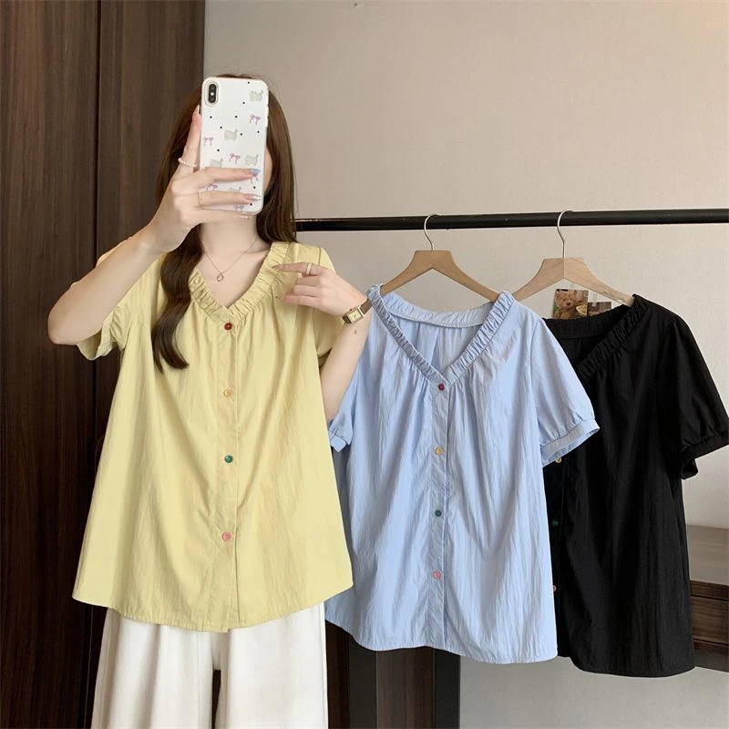 2025韩系夏季大码彩色纽扣新款褶皱小衫设计感短袖衬衫V领上衣