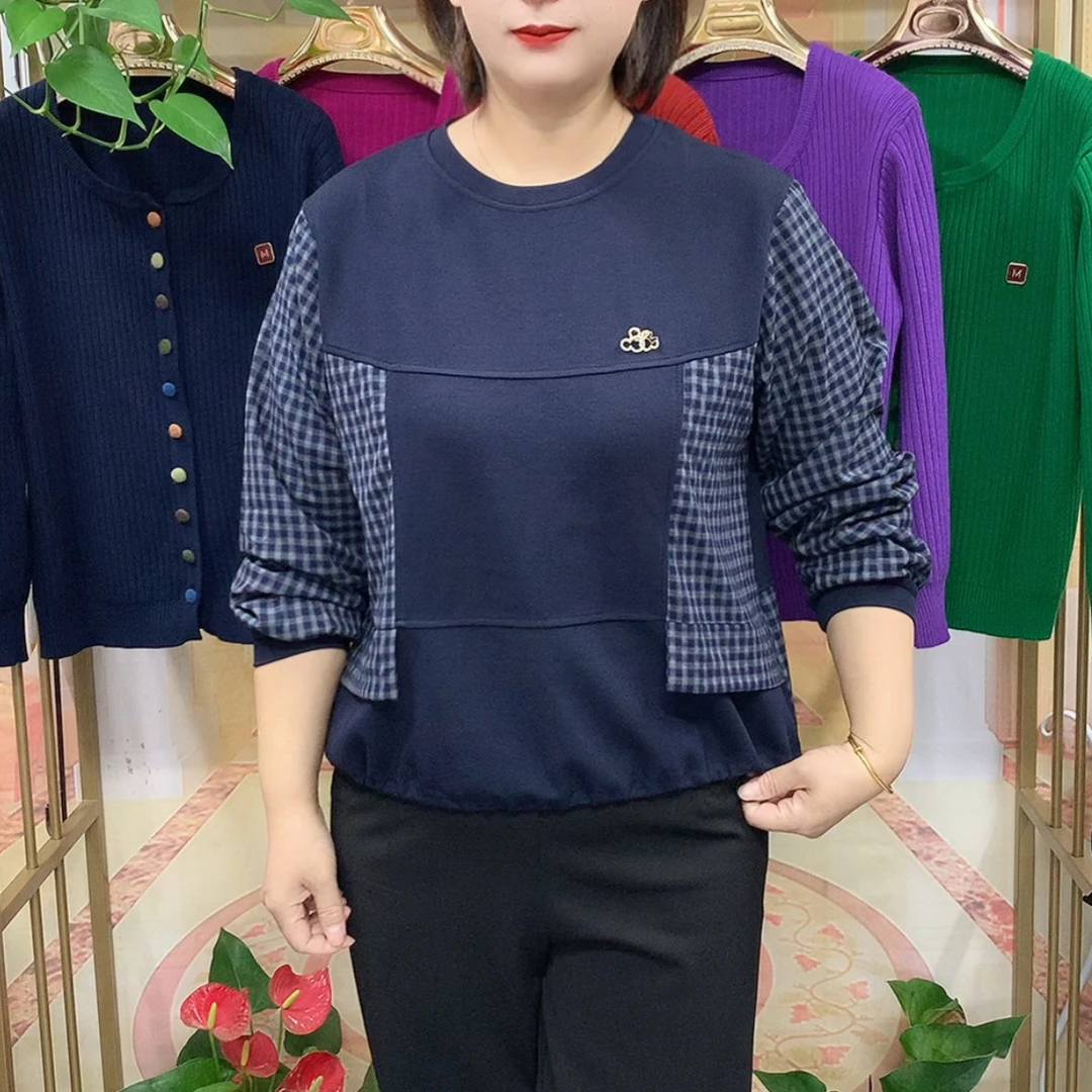 中老年女士薄款拼接圆领长袖百搭时尚打底小衫洋气显瘦