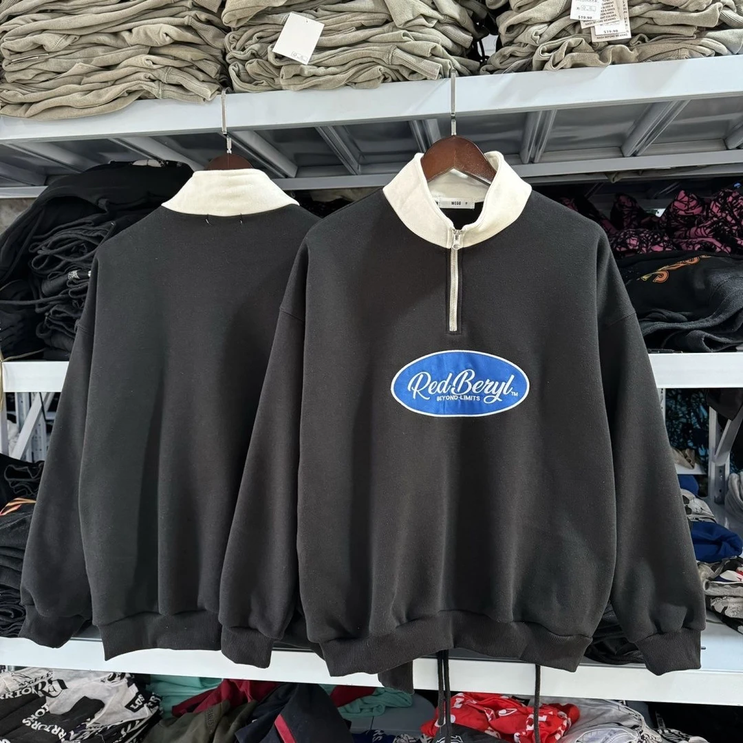 外贸 日系WGO前胸贴布绣半拉链立领抓绒套头卫衣宽松男女中性073