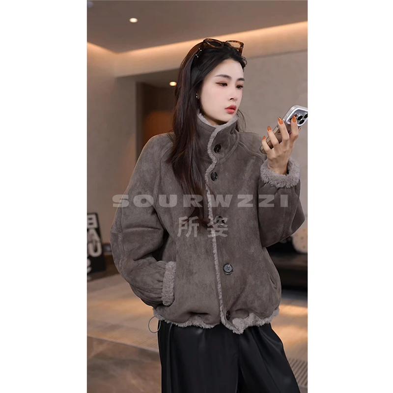 SOURWZZI/所姿100%羊毛反绒面双面穿休闲女士羊毛外套SZ-25671