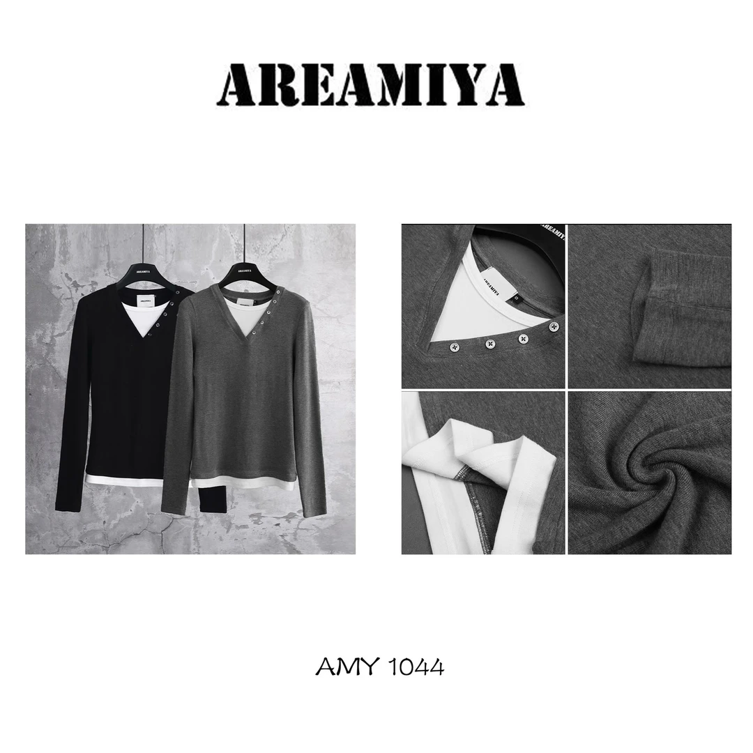 【鑫燃Kiki】港式拼接假两件拼接V领长袖AMY1044