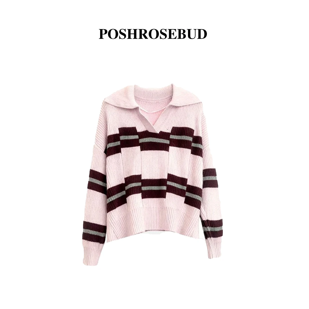 【POSHROSEBUD】减龄气质翻领休闲毛衫Y-653