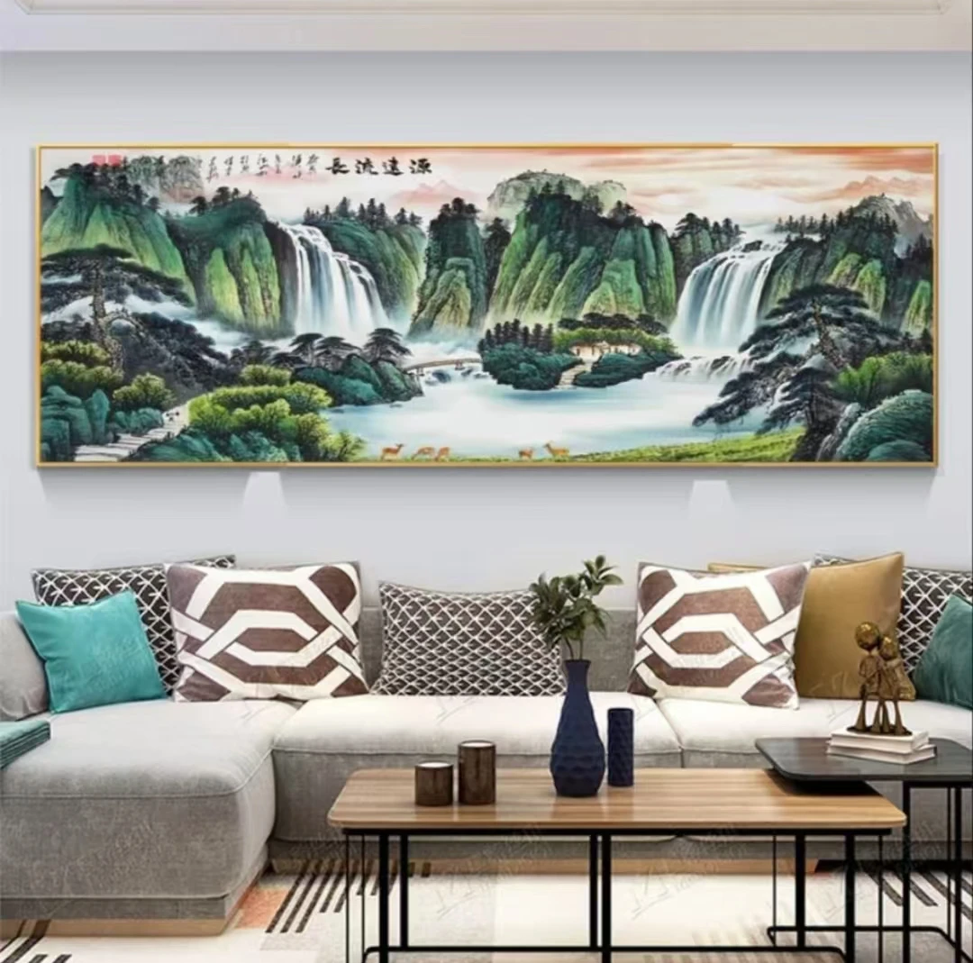 源远流长山水画国画客厅装饰画办公室背靠山沙发背景墙装饰画壁画