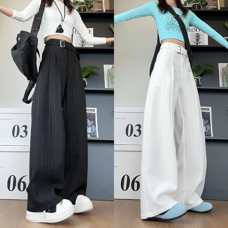 设计感腰带垂感小西裤早秋季肌理感休闲长裤白色显瘦宽松大码裤子