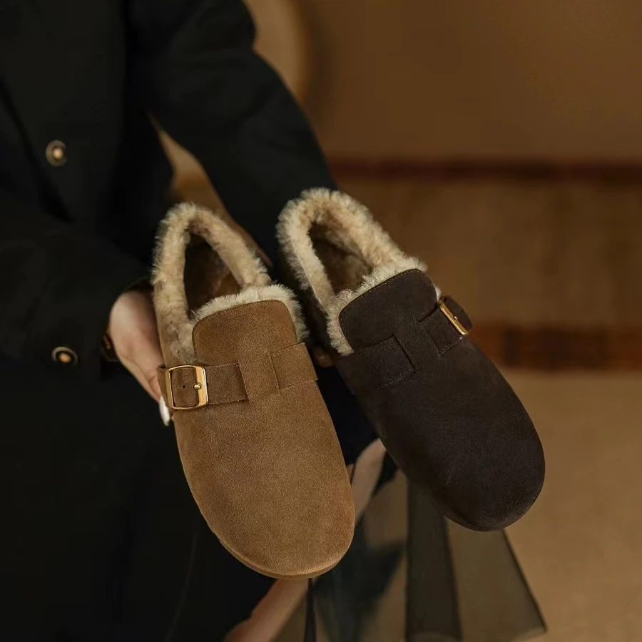 复古轻职风棉靴冬季磨砂牛皮平底乐福鞋一字扣带巨舒适保暖豆豆鞋