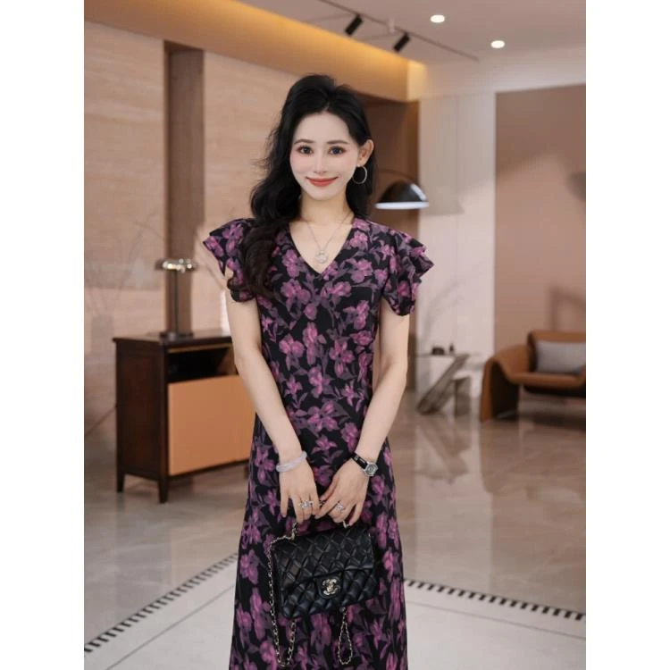 【山茶苏梅V领】2025夏季新款显瘦优雅气质收腰法式连衣裙-V2504