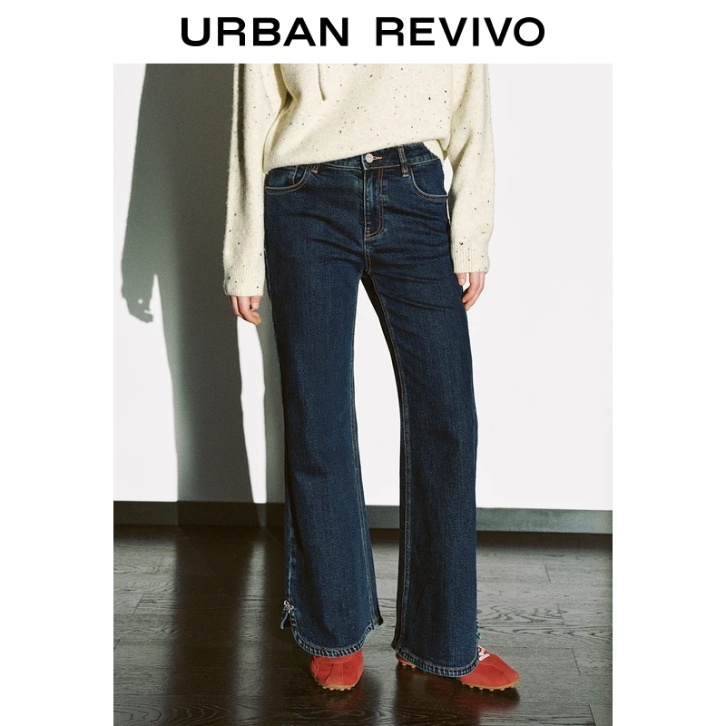 UR2025冬季新款女装复古休闲蝴蝶结饰喇叭牛仔长裤UYL850213