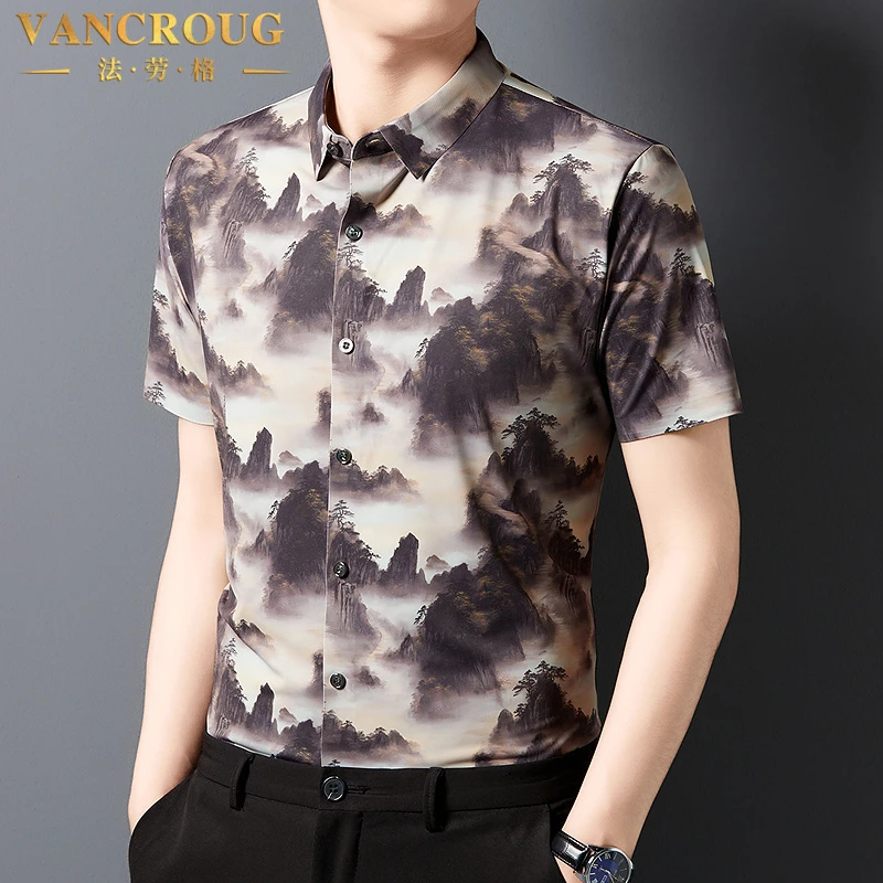 VANCROUG/法劳格短袖衬衫男士夏季薄款时尚潮流国风i休闲百搭衬衣