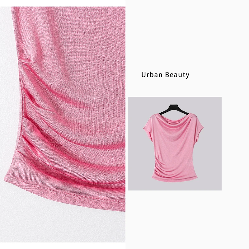 显瘦时尚夏季黑色薄款短款一字领褶皱交叠迷人银葱丝线上衣DF5325