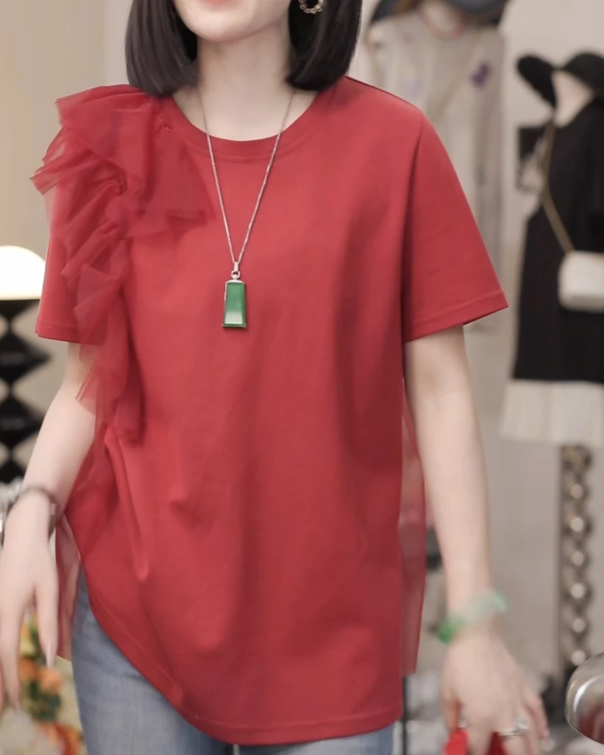 2025夏季新款时尚小众设计感气质小衫度假风拼接肩位蕾丝短袖上衣