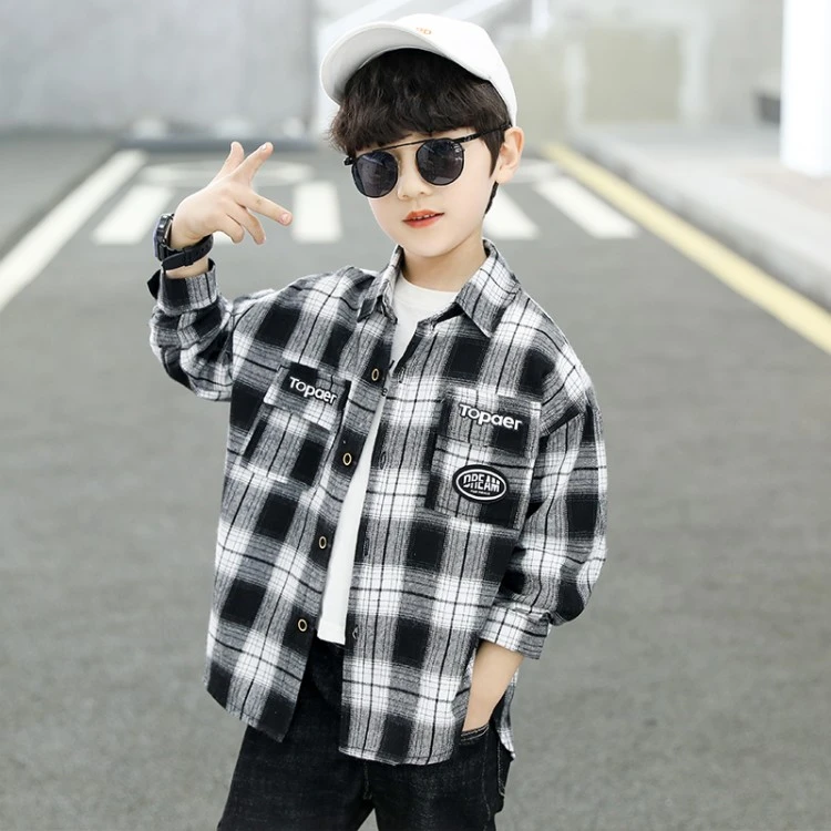 儿童装男童春装衬衫2025新款春秋款中大童春季帅气格子衬衣男孩潮