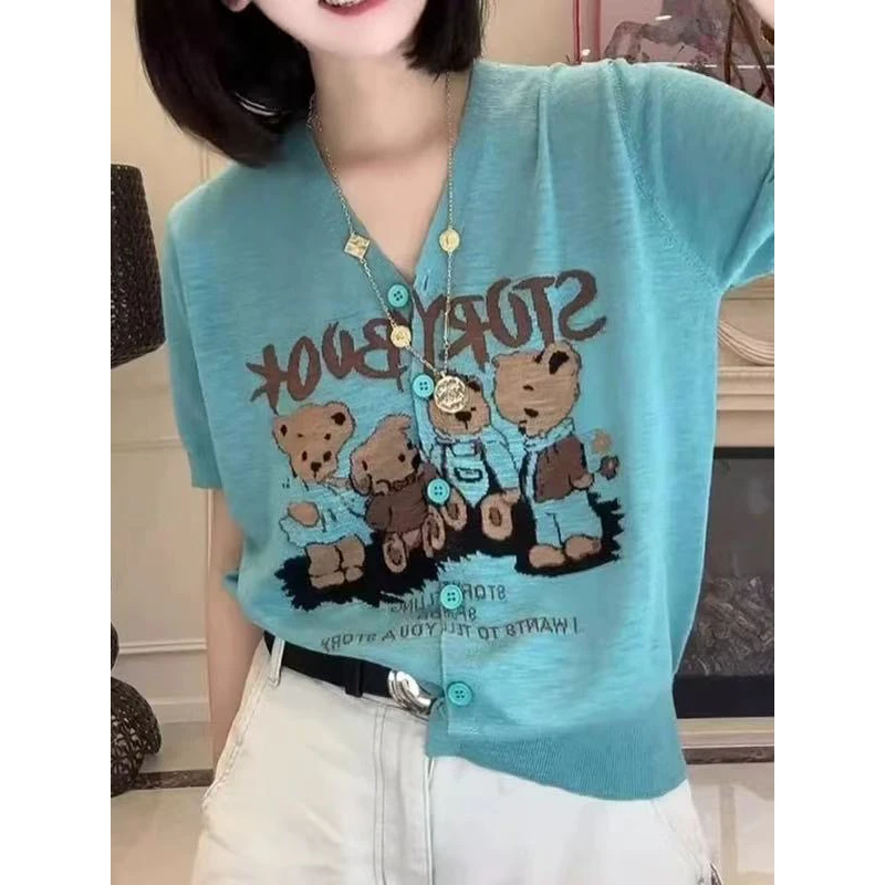 小熊字母印花薄款针织开衫短袖女士2025新款夏季时尚休闲百搭上衣