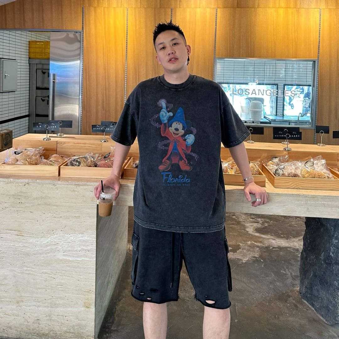 SQQZ PROJECT夏季300G米奇卡通洗水做旧短袖T恤情侣鸡米花工作室