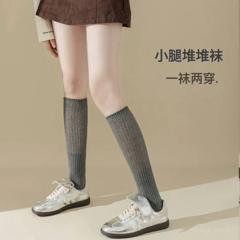 MY春季新款芭蕾风中筒复古堆堆袜显瘦小腿袜日系拼接及膝袜高筒袜