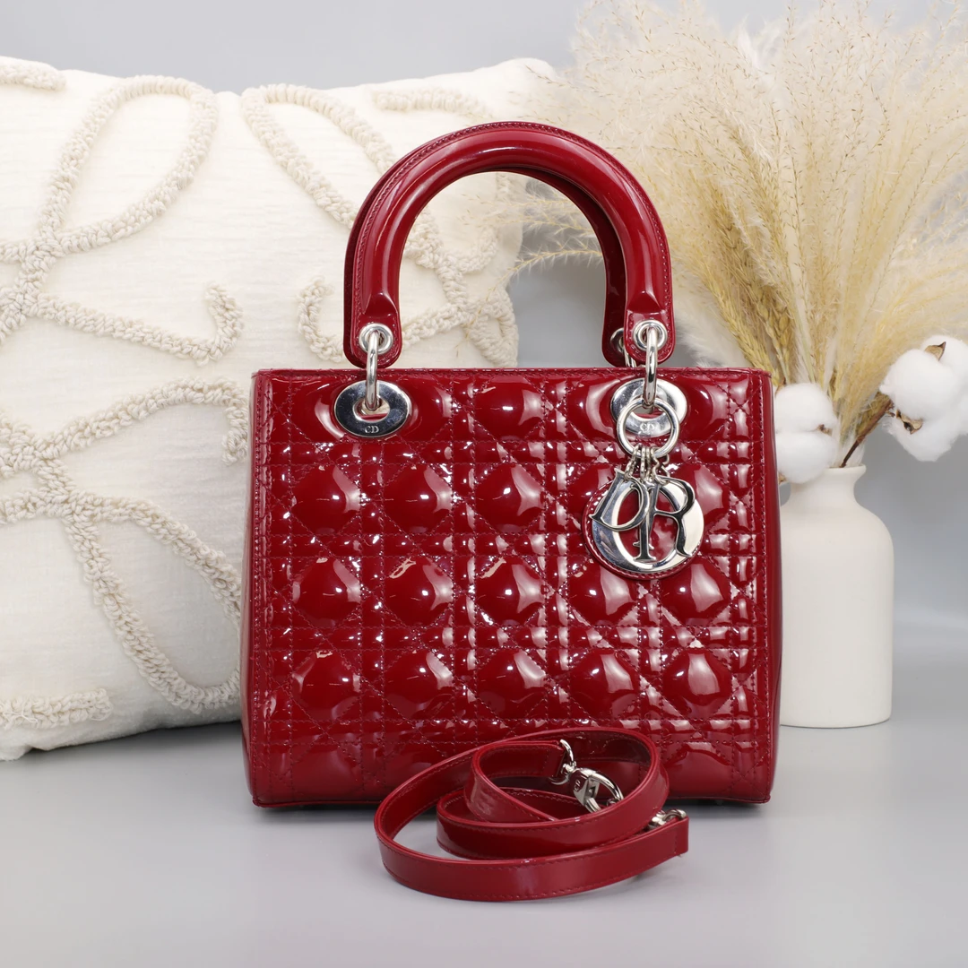 95新 DIOR/迪奥 DIOR Lady 五格 戴妃 漆皮 手提 单肩包