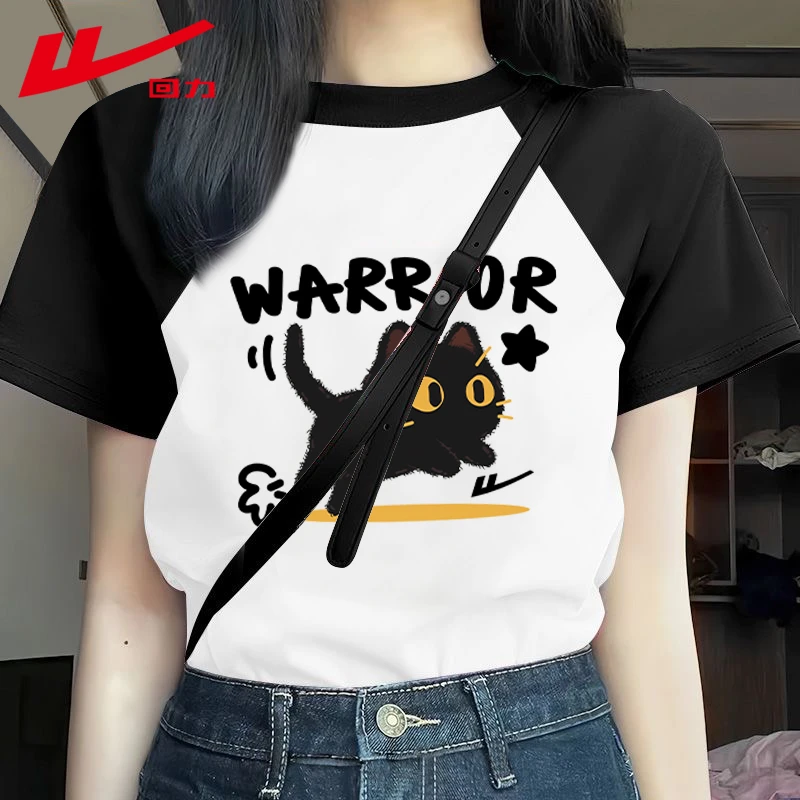 回力短袖女t恤纯棉半袖2025新款夏季宽松慵懒风撞色插肩学生上衣