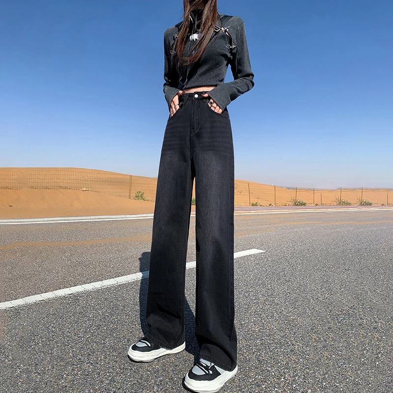 黑灰高腰窄版阔腿牛仔裤女冬季2025新款宽松垂感直筒拖地裤子加绒