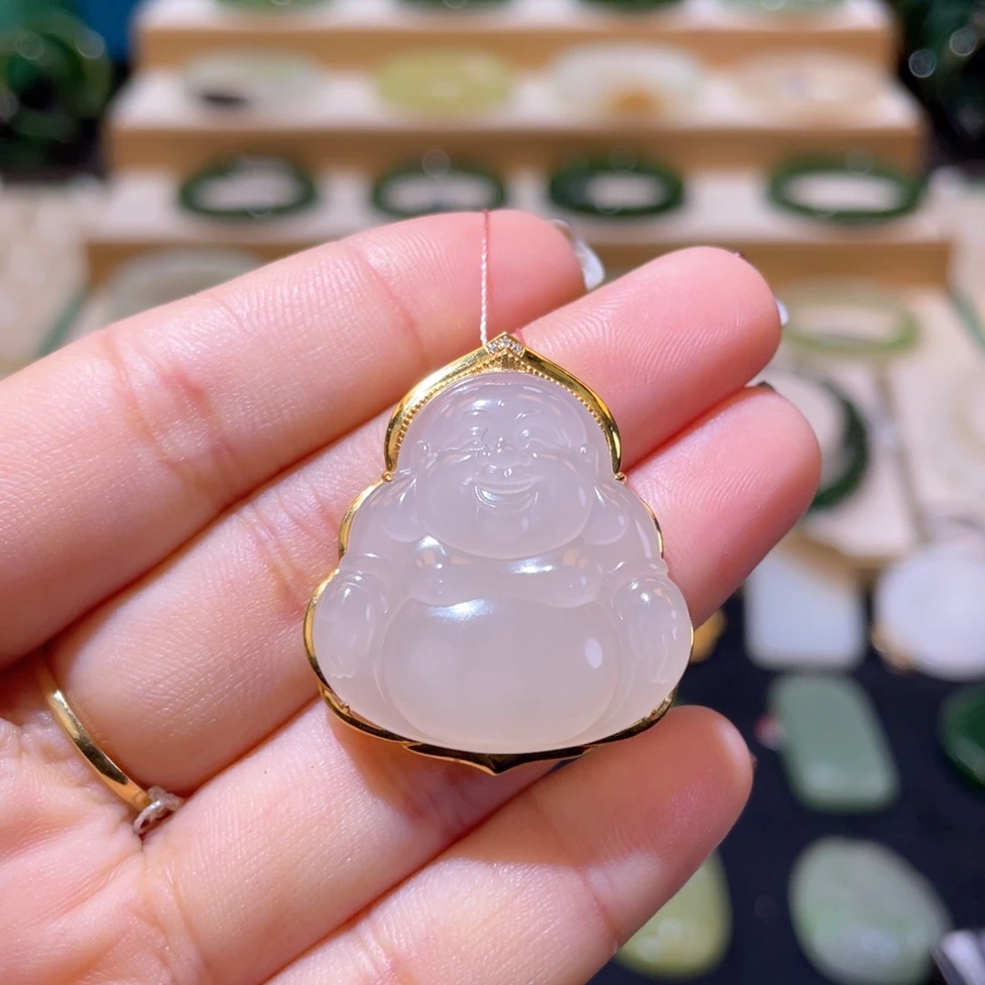 和田玉高品18Ｋ佛公吊坠18K金镶嵌
