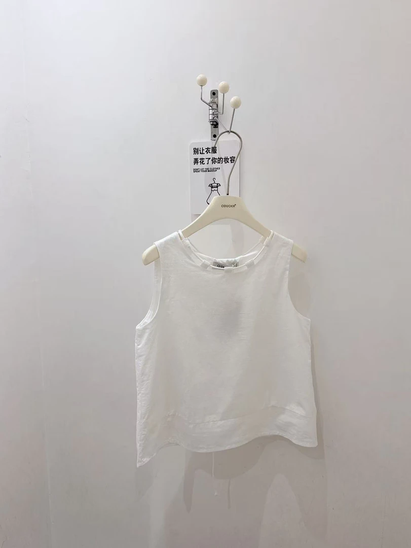 ODUOER【实体同款】白色领口拼接抽绳系带无袖衬衫女独特减龄小衫