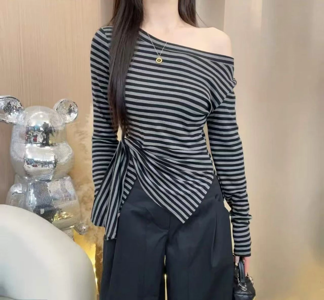 F早秋新款韩系下摆不规则开叉收腰设计感显瘦百搭斜肩长袖T恤