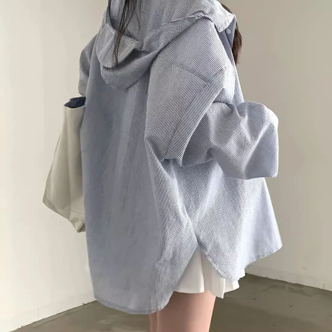 特大码2-300斤条纹拼色高级感长袖衬衫早秋男女慵懒痞帅连帽衬衣