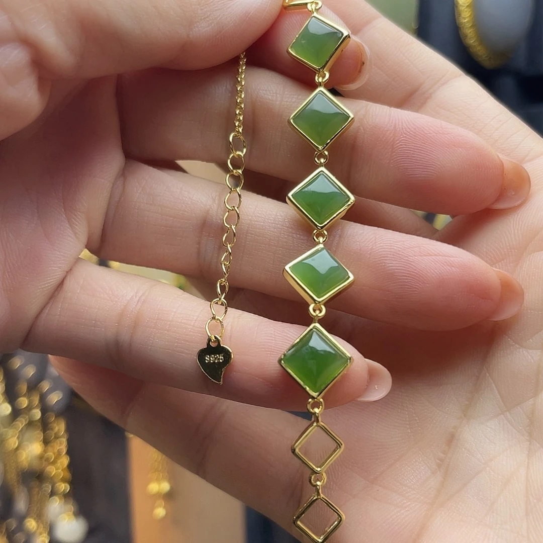 和田玉银S925镀金镶嵌手链