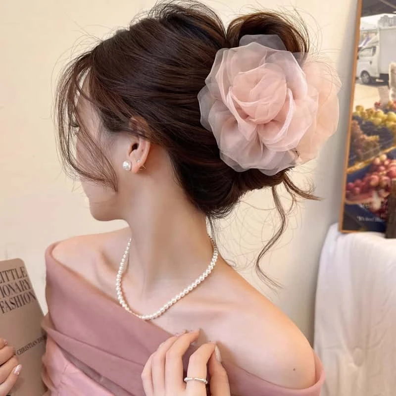 超仙网纱玫瑰花朵抓抓夹大号发量大夏季发夹后脑勺气质优雅鲨鱼夹