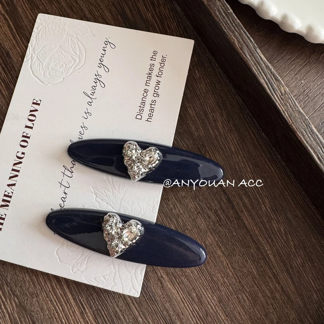 2个miu蓝～高级感对夹醋酸鸭嘴夹银色爱心镶钻边夹一字刘海夹