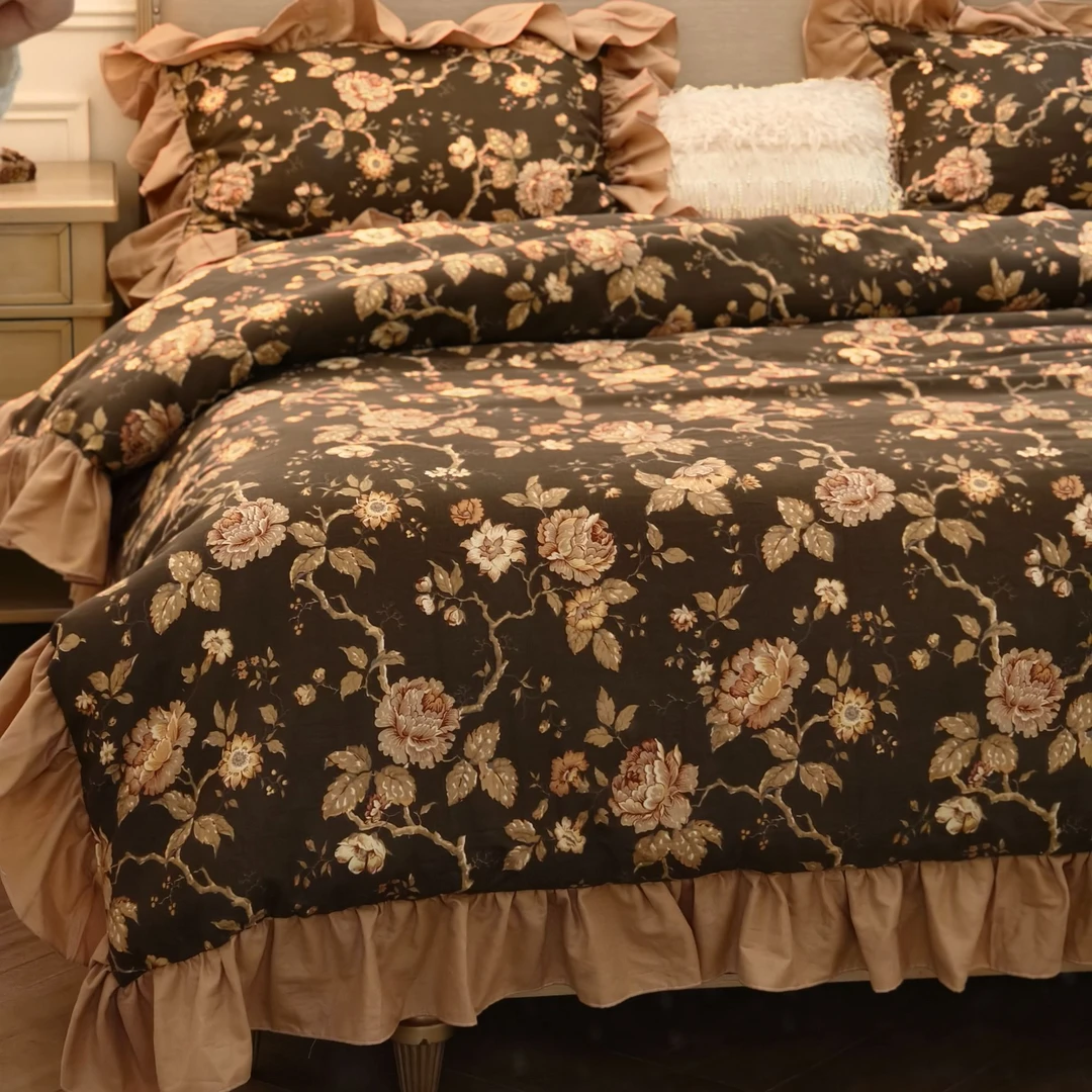 小冲冲【香颂-床盖款】法式浪漫花边全棉双层纱印花床盖款四件套