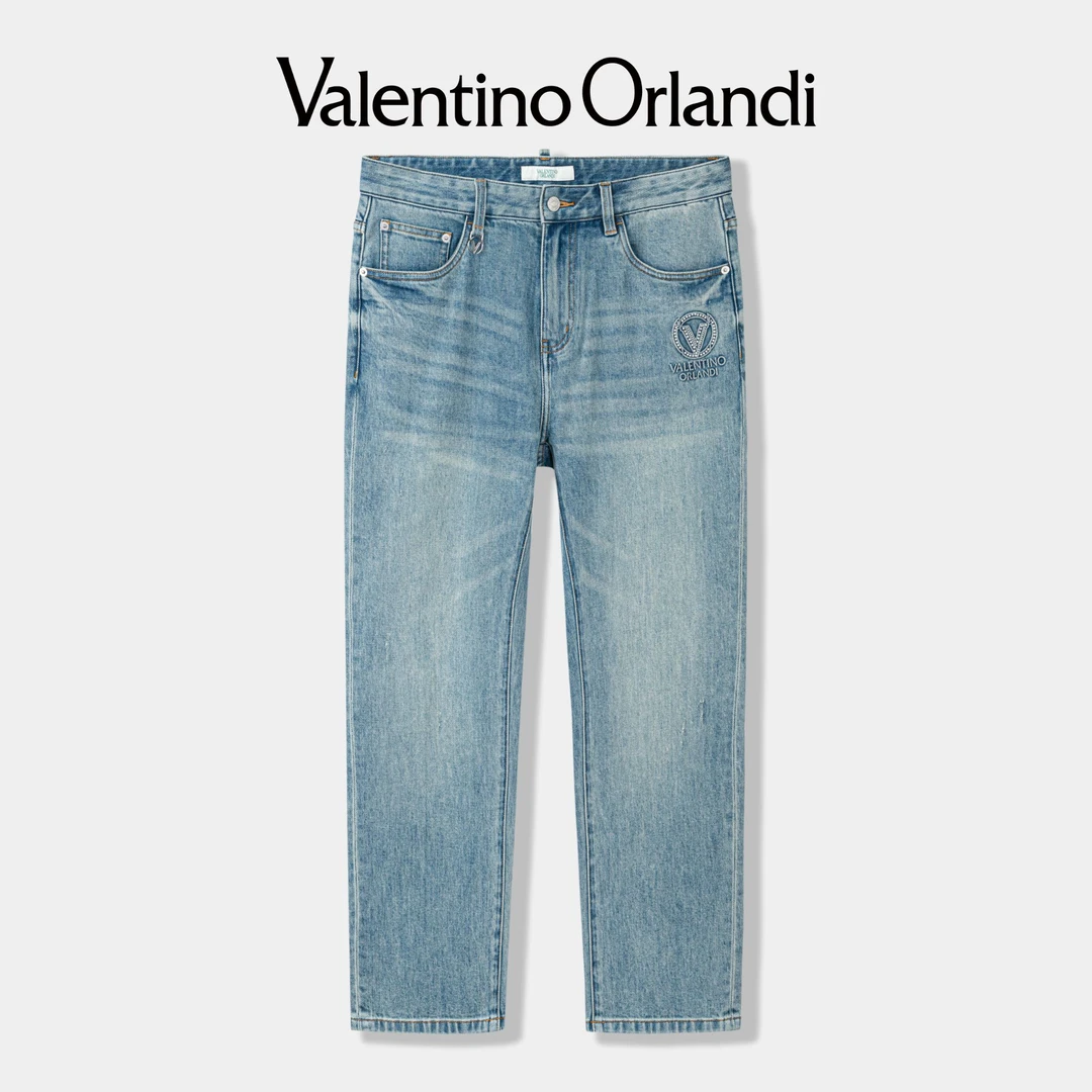 Valentino orlandi男士春季时尚休闲百搭钉珠logo蓝色直筒牛仔裤
