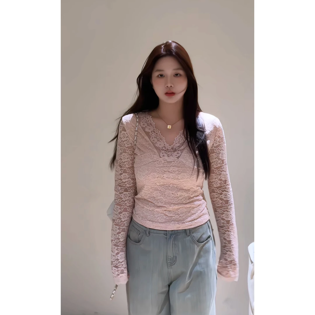 YOKLASS少女家 粉色修身V领蕾丝长袖雪纺衫气质上衣女 X29217S44