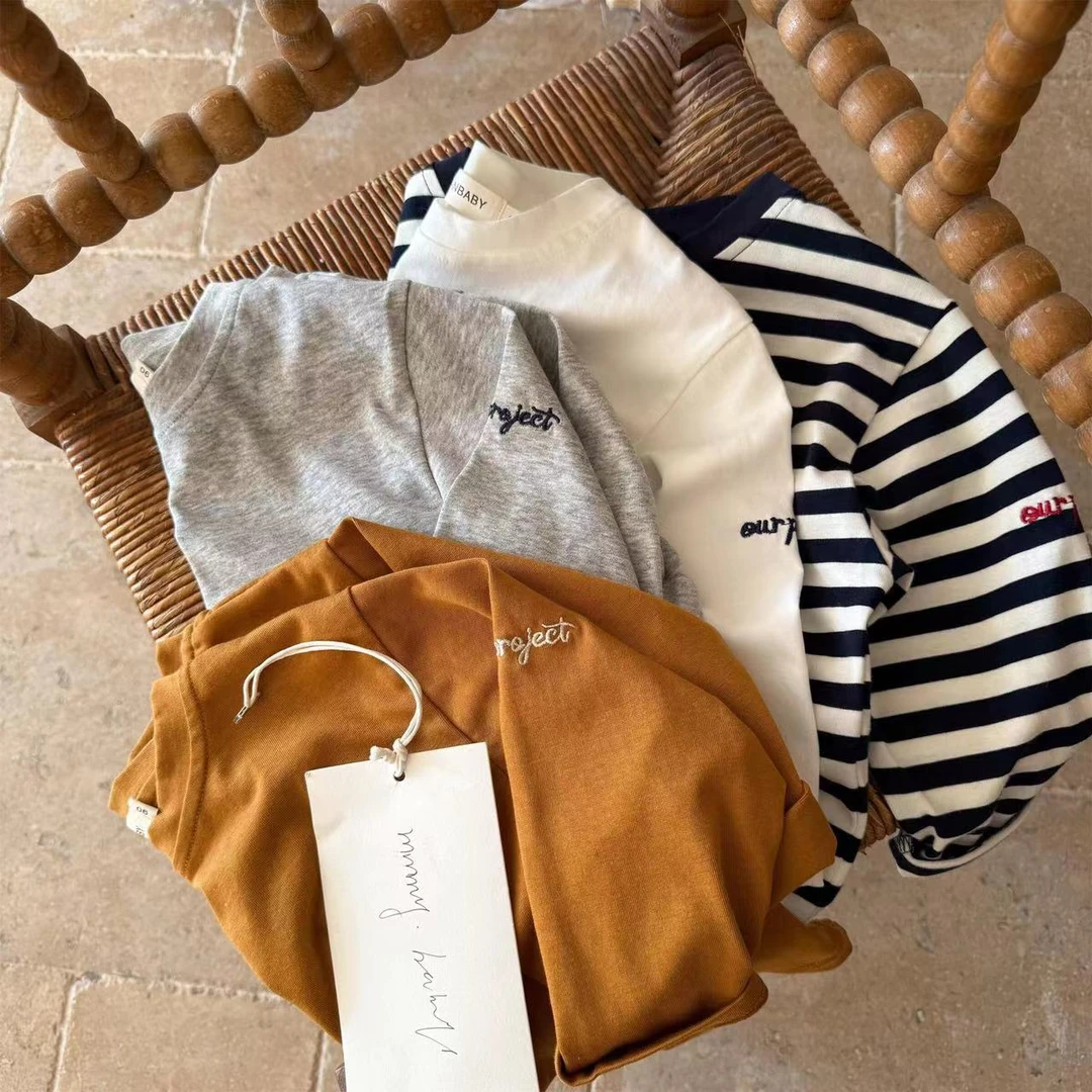 儿童T恤2025春新品男女童刺绣字母打底衫宝宝条纹T恤衫潮70203