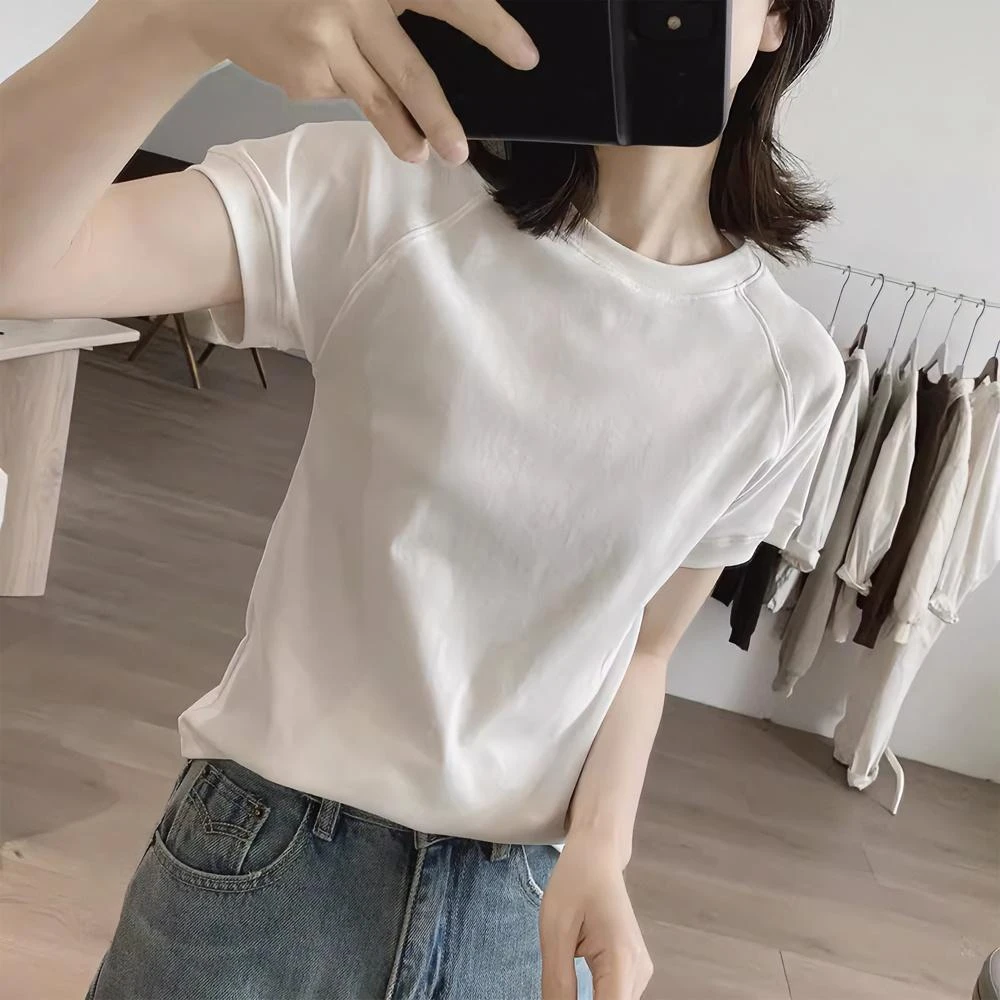 极简风纯色圆领插肩袖短款T恤女夏季新款小个子显瘦百搭短袖上衣