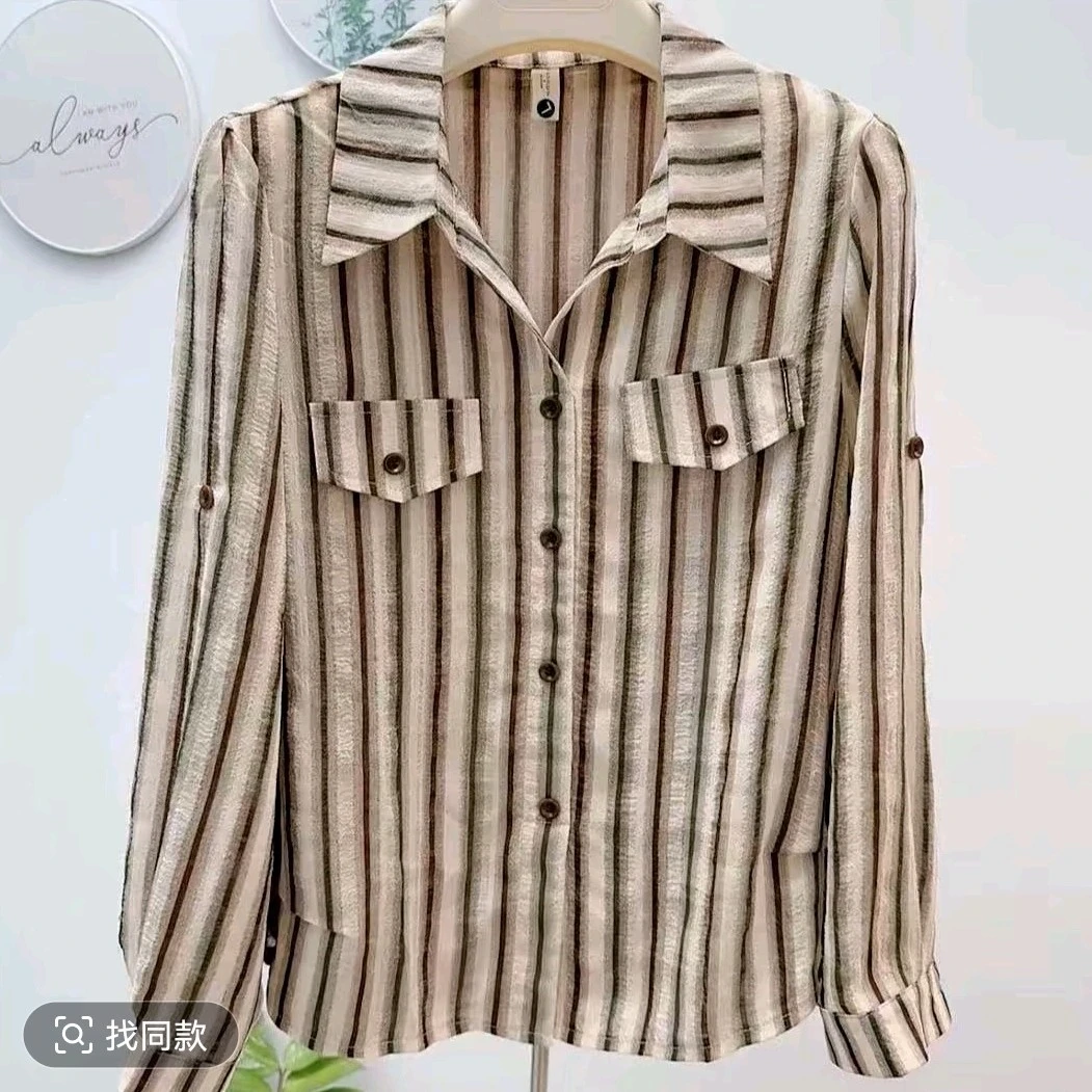 8521洋气条纹女士时尚两用袖宽松显瘦百搭气质衬衫女长袖衬衣简约