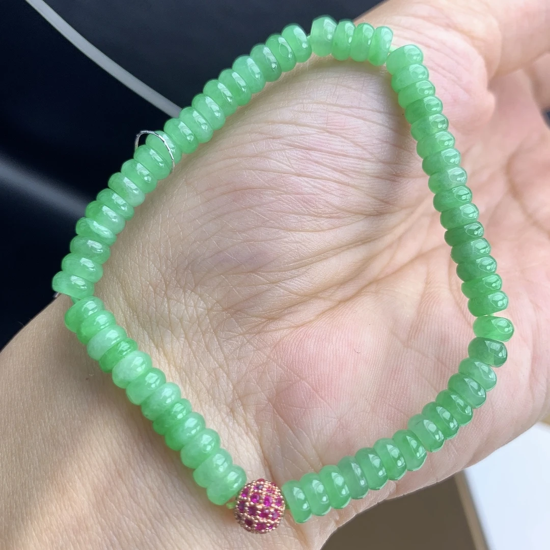 缅甸A货翡翠阳绿色算盘珠手链手串单圈T卡5.3mm