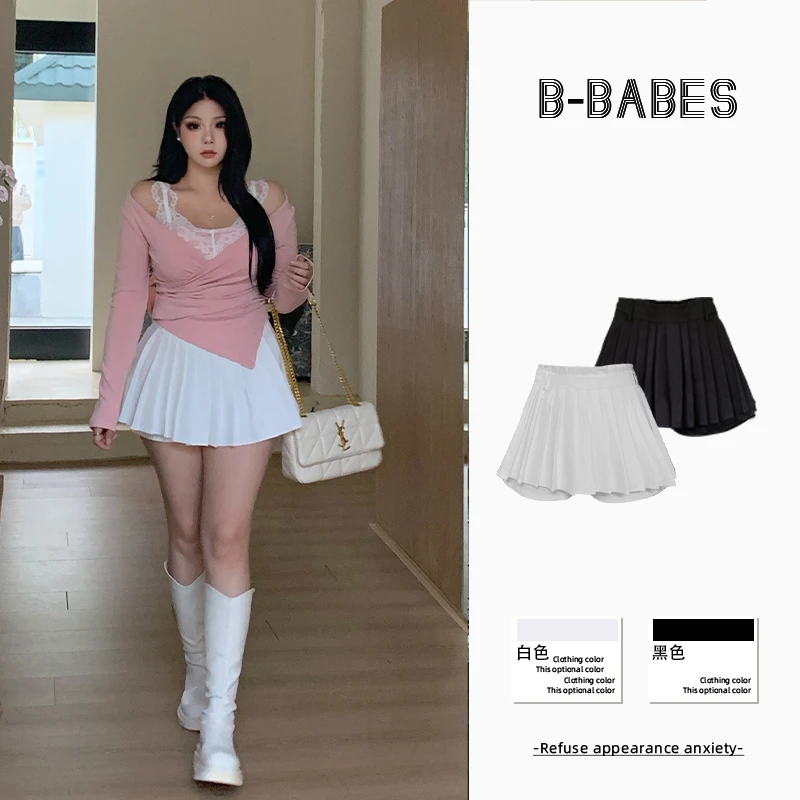 B-babes【舒适假期】甜美风辣妹含打底防走光减龄a字百褶半身裙