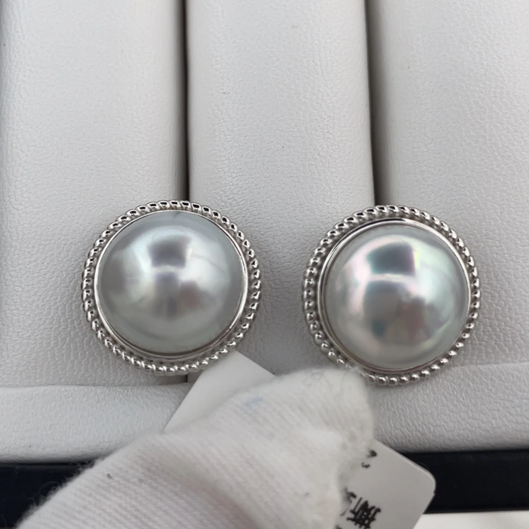 海水珍珠耳饰银S925镶嵌澳白珍珠极光13-14mm