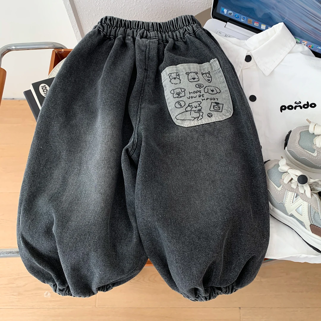 儿童牛仔束脚裤春秋装男童韩版宽松帅气长裤中小童卡通洋气灯笼裤