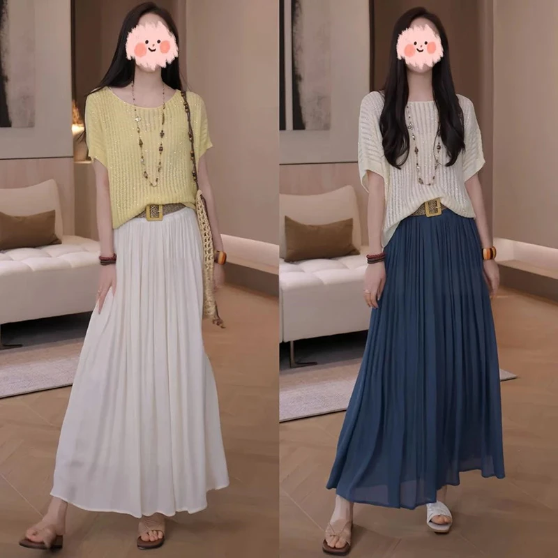 时尚套装2025夏季新款宽松圆领蝙蝠衫针织衫高腰百褶半身裙两件套