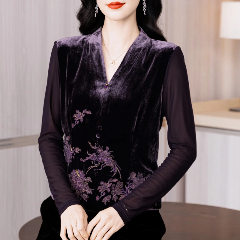 高端金丝绒长袖T恤女士装秋季2025新款内搭网纱打底衫新中式上衣