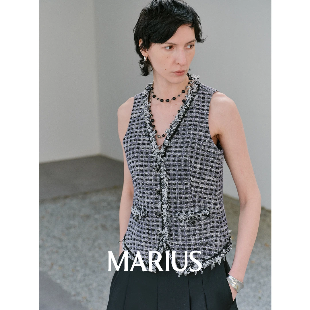 MARIUS“边际线”小香风气质针织短款格子无袖蓝格小香马甲