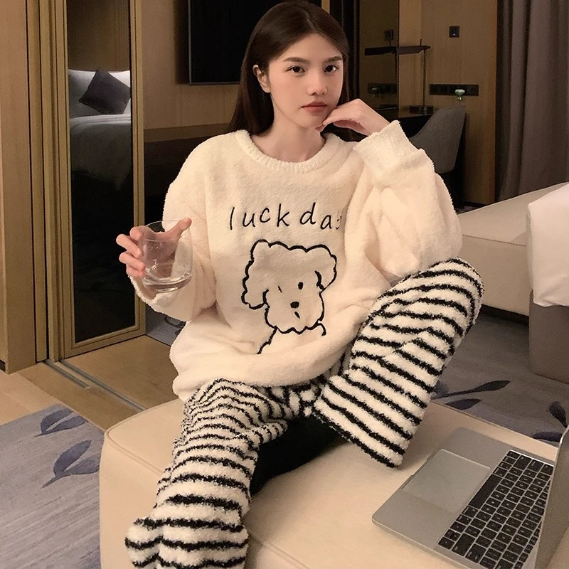 珊瑚绒睡衣女冬天加绒加厚条纹小狗秋冬季法兰绒毛绒家居服可外穿